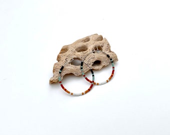 Southwestern hoop earrings, miyuki delica seed bead jewelry, small boho hooped earrings, desert festival style, hippie jewelry