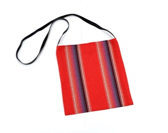 Red serape bag, woven striped crossbody bags, vegan leather, canvas lined, southwestern boho style, handmade cotton handbag
