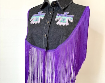 Black Denim Capelet with Sequined Thunderbirds, Purple Tassel Fringe, western festival style costume cape