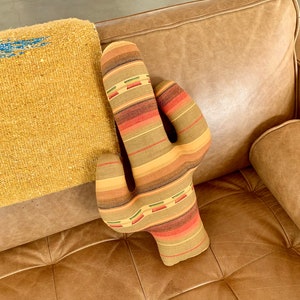 Cactus pillow, Southwestern serape cushion, Western style decor, striped cotton fabric, neutral brown colors, boho hippie bedroom decor