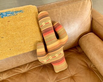 Cactus pillow, Southwestern serape cushion, Western style decor, striped cotton fabric, neutral brown colors, boho hippie bedroom decor