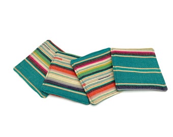 Turquoise serape fabric coaster, southwestern style home decor, boho desert home goods,  set of 4 woven striped coasters