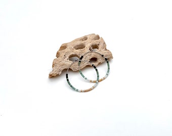 Boho hoop earrings, seed bead hooped earrings, southwestern style jewelry, muted desert colors, western beaded dainty jewelry