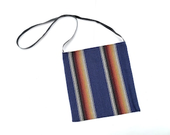 Baja California style bag, serape blanket cotton fabric, woven striped crossbody bag, boho western handbag, southwestern style goods