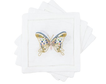 Hand Embroidered Cocktail Napkins - Freddy's Butterfly (set of 4)