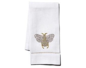 Tip Towel Bee Hand Embroidered with Hemstitch on Italian Linen