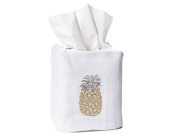 Hand Embroidered Pineapple Tissue Box Cover - Platinum/Gold