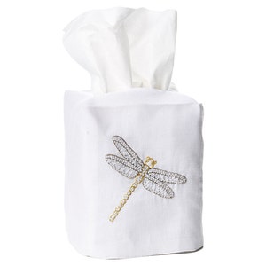 Tissue Box Cover DRAGONFLY Hand Embroidered Dragonfly - Linen