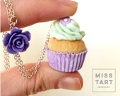Miniature Purple Cupcake Necklace with purple Flower, Kawaii, Miniature Sweet Jewelry, Polymer Clay