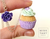 Miniature Purple Cupcake Necklace with purple Flower, Kawaii, Miniature Sweet Jewelry, Polymer Clay