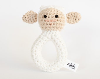 rattle, crochet, animal, animal head, white, sheep, organic, toy, baby, lovely, handmade, baby, gift, newborn, organic wool