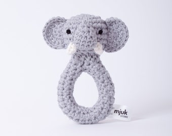 rattle, crochet, animal, grey, elephant, toy, organic, baby, lovely, handmade, baby, gift, newborn, organic wool