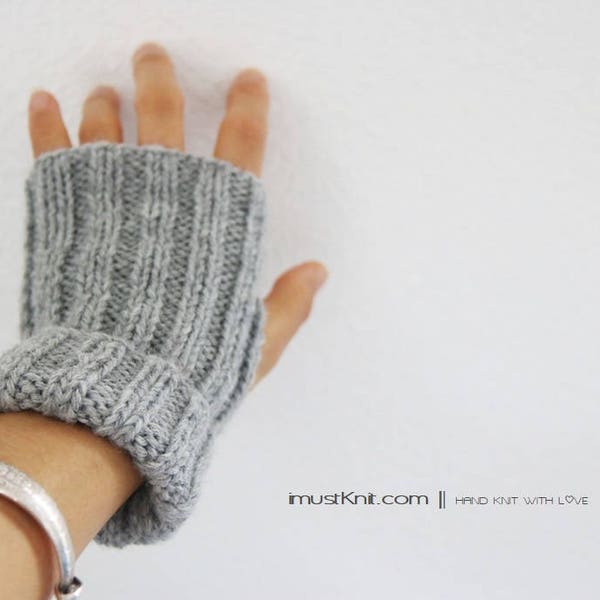 knitted fingerless gloves || 2-way to wear fingerless mittens || | ribbed gloves ||| gifts for unisex || driving gloves -grey heather