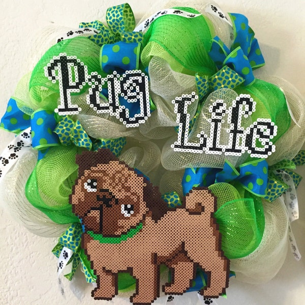 Pug wreath, Dog wreath, Perler beads, Pug, Pug Decor, Dog, Deco mesh wreath, Dog lover, Pug life, Front door wreath by AmeliasWreathsofJoy