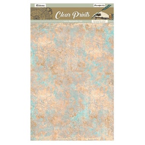 May include: A sheet of clear printed paper with a textured background in shades of blue and brown. The paper is designed to be used for crafting and scrapbooking. The text "Clear Prints" is printed at the top of the sheet.