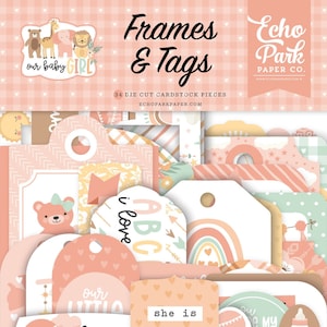 May include: A set of 34 die-cut cardstock pieces for scrapbooking and crafting. The pieces feature a pink and peach color scheme with cute illustrations of animals, rainbows, and text. The text includes "our baby girl", "i love ABC", "she is small, but mighty!" and "here we grow".