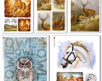 May include: A set of six decoupage papers featuring various animals, including horses, owls, and deer. The papers have a vintage aesthetic and are perfect for crafting projects.