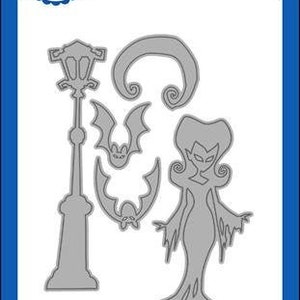 May include: A metal die cut set for crafting featuring a spooky witch, a street lamp, and bats. The die cuts are designed for use with a die cutting machine.