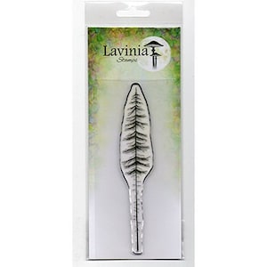 May include: Clear rubber stamp with a black outline of a tall, thin pine tree. The stamp is packaged in a clear plastic sleeve with a white background and the text "Lavinia Stamps" printed on it.
