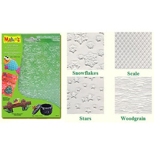 May include: A set of 6 textured plastic sheets for creating embossed designs in clay. The sheets feature different patterns including snowflakes, stars, scale, and woodgrain.