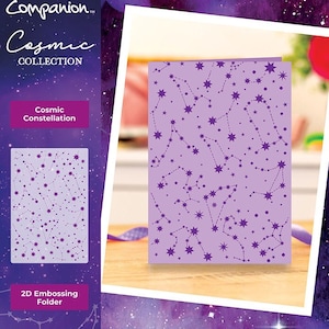 May include: A purple 2D embossing folder with a cosmic constellation design. The folder measures 6 inches by 4 inches (15.2 cm by 10.2 cm).