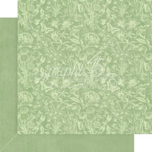 May include: A green background with a white floral pattern. The pattern includes butterflies, dragonflies, and various flowers. The background has a subtle texture.
