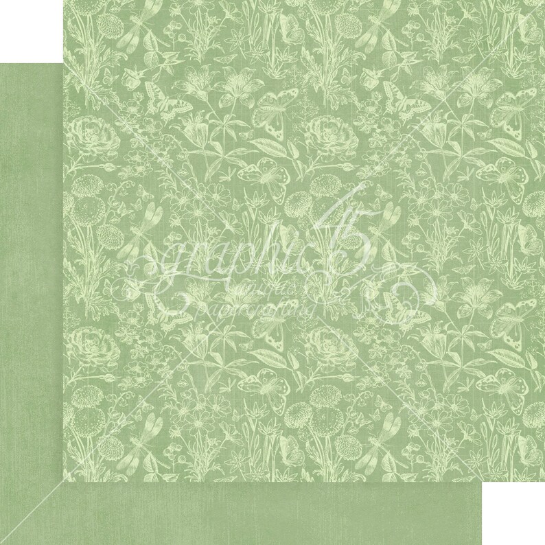 May include: A green background with a white floral pattern. The pattern includes butterflies, dragonflies, and various flowers. The background has a subtle texture.