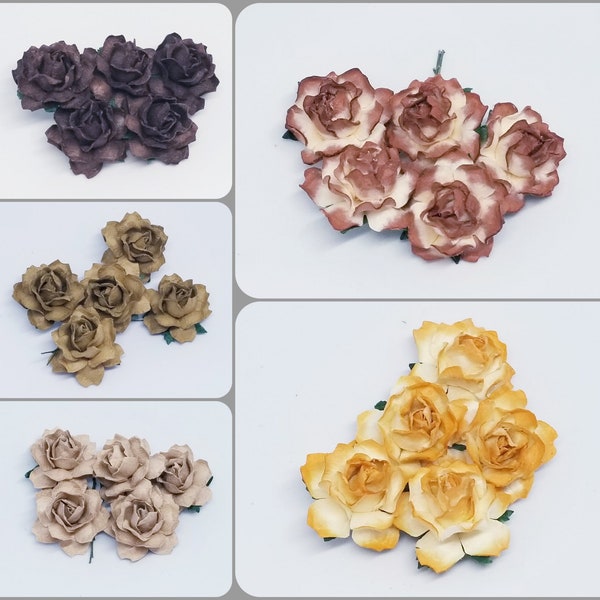 Promlee Flowers 30mm Earth Tone Cottage Roses 5pk - Paper Flowers - Embellishments - Mulberry Paper Flower - Promlee Flowers - Cottage Roses