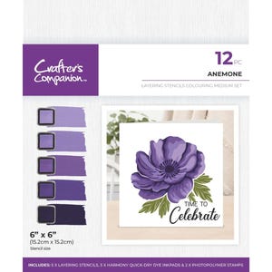 May include: A set of 12 layering stencils for crafting, featuring a purple anemone flower with the text "Time to Celebrate". The stencils are 6 inches by 6 inches (15.2 cm x 15.2 cm) and include 5 harmony quick-dry dye inkpads and 2 photopolymer stamps.