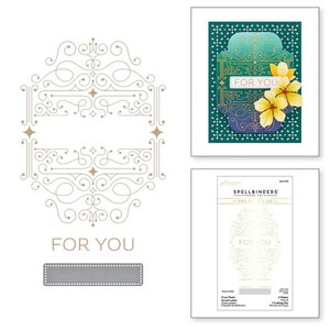 May include: A die-cut set for paper crafting featuring a decorative scroll label with the words "For You" in gold lettering. The set includes a die, a stencil, and a foil plate.