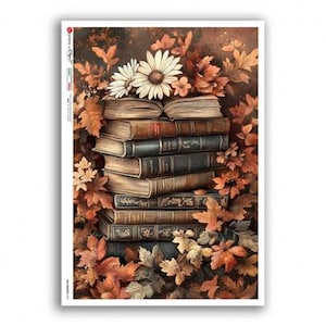 May include: A stack of vintage books with aged covers, adorned with white daisies and autumn leaves in shades of orange and brown. The open book on top reveals its pages. A decorative, artistic composition.