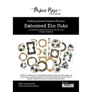 May include: Four sheets of embossed die cuts featuring wedding frames and florals in shades of blue, white, and gold. The die cuts are designed for scrapbooking, card making, and other paper crafting projects. The product is made in Australia and is 200gsm cardstock.
