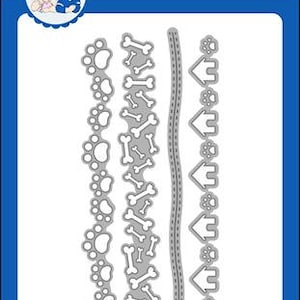 May include: A metal die set from Whimsy Stamps featuring paw prints, bones, a dotted line, houses, and more. The die set is designed for crafting and scrapbooking projects. The packaging is white with a blue border and the Whimsy Stamps logo.