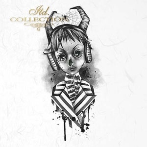 May include: Black and white illustration of a person with horns and headphones. The person is wearing a striped jacket and has a spider web on their head. The background is a watercolor wash.