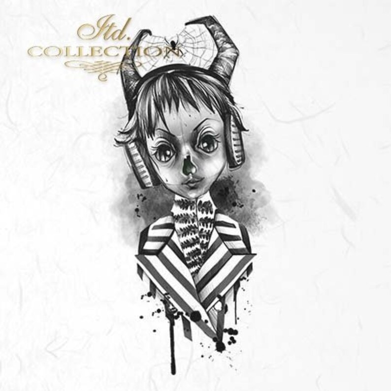 May include: Black and white illustration of a person with horns and headphones. The person is wearing a striped jacket and has a spider web on their head. The background is a watercolor wash.
