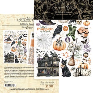 May include: A Graphic 45 BOOtiful Greetings rub-on transfer set featuring Halloween-themed illustrations including a haunted house, black cat, owl, pumpkins, spiderwebs, bats, a broomstick, and striped socks with text accents like Cutest Pumpkin in the patch.