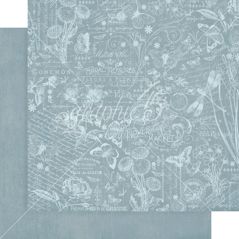 May include: A blue and white patterned paper with a floral theme. The paper features butterflies, flowers, and text in French. The text includes "Floral Treasures", "Conservatoire Botanique", and "Rose Angler a Grasse".