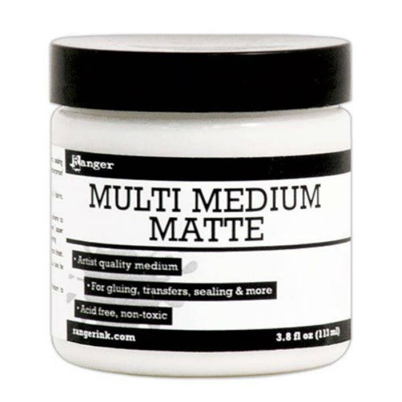 May include: A white jar of Ranger Multi Medium Matte, an artist quality medium for gluing, transfers, sealing, and more. It is acid-free, non-toxic, and comes in a 3.8 fl oz (111 ml) jar.