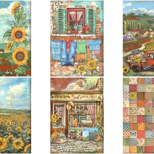 May include: A collage of six images featuring sunflowers, a red truck, a farmhouse, a field of sunflowers, a shop called "Sunflower Art", and a patchwork quilt.
