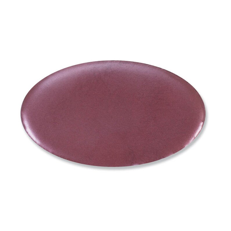 May include: A round, metallic, mauve-colored makeup compact.