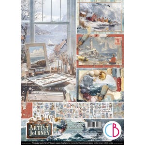 May include: A decorative paper pad with an "Artist Journey" theme. The pad features various artistic scenes, including a coastal landscape, a lighthouse, and an artist's workspace. The color palette includes blues, browns, and whites. The pad includes 17 design pages and ephemera elements.