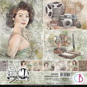 May include: A vintage-themed paper pad featuring a portrait of a woman, film reels, cameras, and stamps. The design includes newspaper clippings and the text "EPIGMA" and "PAPER PAD 8x8". The pad contains 12 double-sided papers.