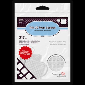 May include: A package of 217 white, self-adhesive, thin 3D foam squares. The squares are perfect for cards, invitations, and mixed media projects. The package includes two sizes: 0.25x0.25x0.04 inches and 0.43x0.47x0.04 inches.