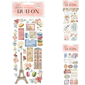 May include: A sheet of rub-on transfer stickers with a Parisian theme. The stickers feature images of the Eiffel Tower, macarons, flowers, and vintage travel tickets. The sheet is labeled "Oh là là!  Stemperis Rub On" and measures 10.16 inches by 21.0 inches.