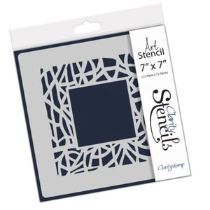 May include: A 7 inch by 7 inch art stencil with a geometric design. The stencil is made of clear plastic and has a square frame with a criss-cross pattern.