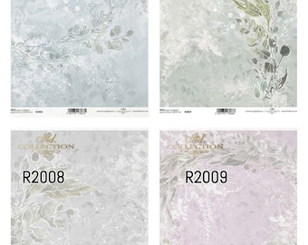 Puede incluir: Cuatro hojas de papel decorativo con diseños florales y de hojas. Cada hoja tiene una combinación de colores diferente: azul-verdoso, gris-verdoso, gris y lavanda. El texto "R2006", "R2007", "R2008" y "R2009" está impreso en cada hoja.