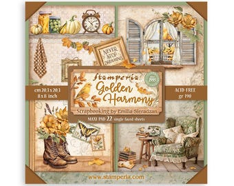Stamperia 8x8 Golden Harmony 22 Sheets - Single Sided Cardstock - 8x8 Cardstock - Golden Harmony Collection - Emilia Sieradzan - 23-1844