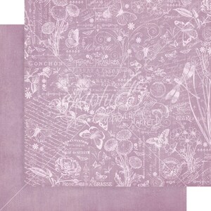 May include: A digital paper background with a light purple background and white floral designs. The design includes butterflies, flowers, and text in French. The text includes "Floral Treasures", "Fleur a Plume", "Begley Montmartre", "Egressare", "Conservatoire Botanique", "Ville de Geneve", and "Rose Angier a Grasse".