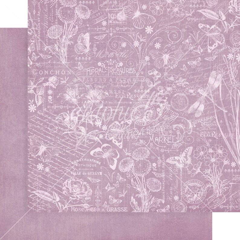 May include: A digital paper background with a light purple background and white floral designs. The design includes butterflies, flowers, and text in French. The text includes "Floral Treasures", "Fleur a Plume", "Begley Montmartre", "Egressare", "Conservatoire Botanique", "Ville de Geneve", and "Rose Angier a Grasse".