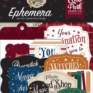 May include: A set of 33 die-cut cardstock pieces with a witch and wizard theme. The pieces feature various shapes, sizes, and designs, including stars, stripes, and a plaid pattern. The text on the pieces includes "Witches & Wizards", "Your Imagination", "Broomstick", "Magic", "Magic Shop", and "Magical".